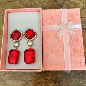 Saks Fifth Avenue Brilliant Red Crystal Dangle Earrings with Goldtone Finish NIB